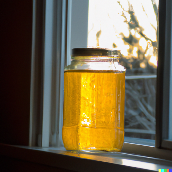 DALL·E 2023-01-31 16.23.52 - Photo of a glass  jar partially full of a yellowish liquid sitting on a windowsill with the morning sun rising behind it..png